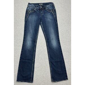 Silver Suki 17" Womens Blue Denim Jeans Studded Rhinestone Low Rise Size W27 L33